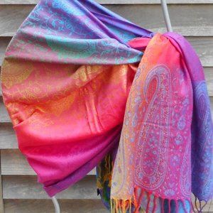Bright Pink Rainbow Scarf Paisley Pashmina Multicolored Scarves for Women Shawls